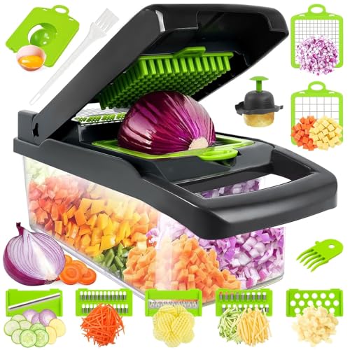 16 In 1 Gemüseschneider, Gemüse Schneider, Mandoline Gemüsehobel Dicer, Würfelschneider mit 7 Austauschbare Klingen Vegetable Chopper Dicer für Hobeln Von Obst Gemüse, Karotte, Kartoffel, Knoblauch