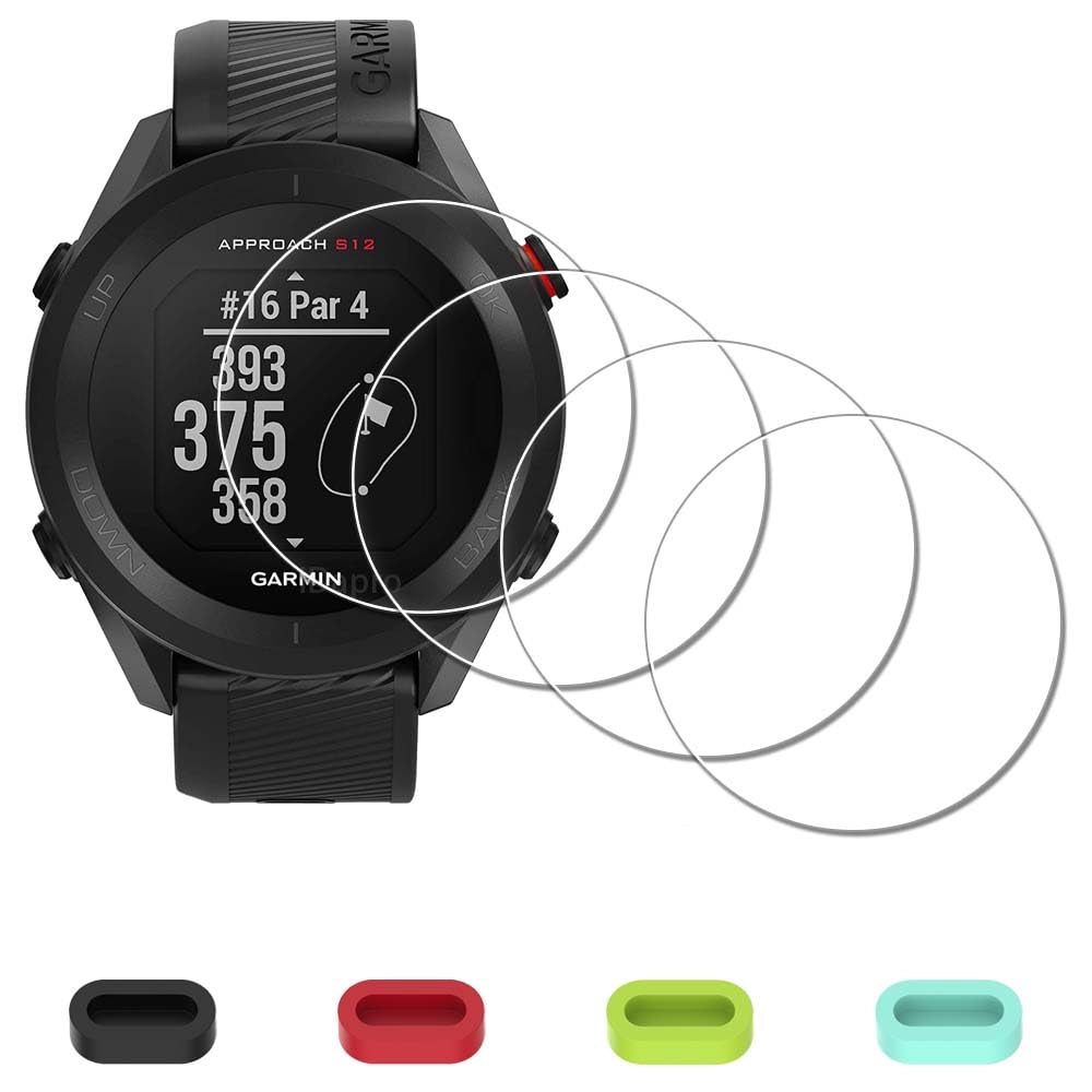 Screen Protector for Garmin Approach S12 GPS Golf Watch + Silicone Anti-dust Plugs [4 Pack] Tempered Glass Anti-Scratch Bubble-Free Easy Installation