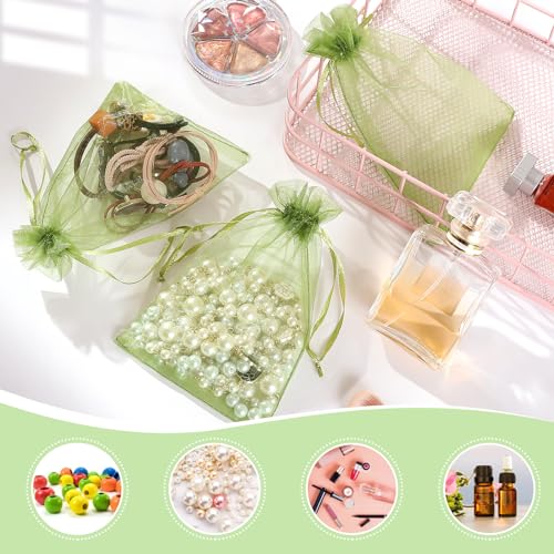 Image of Hopttreely 100pcs Sheer Organza Bags, 6x9 inch Olive Green Large Mesh Jewelry Pouches Christmas Drawstring Gift Bag, Fruit Protection Bags