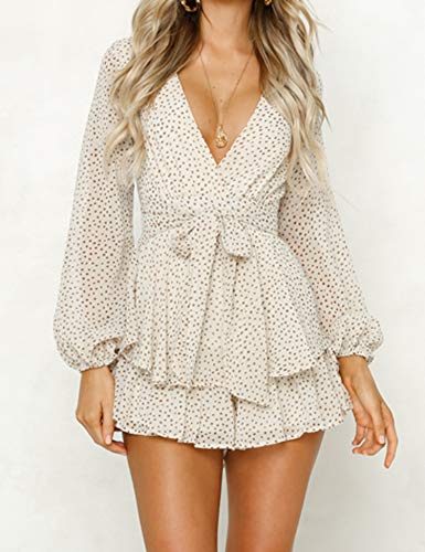 Relipop Women's Polka Dot Jumpsuits Deep V-Neck Long Sleeve Knot Front Ruffle Hem Rompers Beige