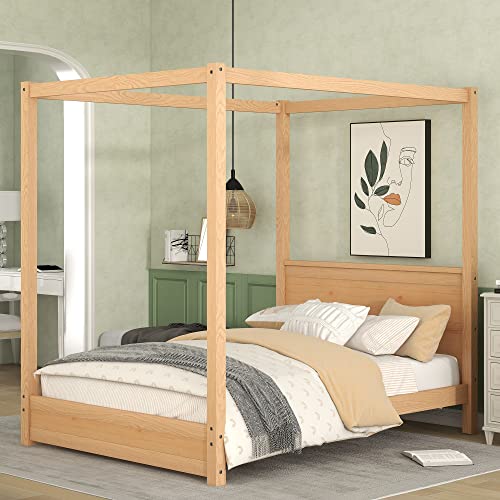 Harper & Bright Designs Canopy Bed Frame Full Size, Four-Poster Canopy Platform Bed Frame With Headboard, Wooden Full Bed With Support Legs, Easy Assembly, No Box Spring Needed (Natural) #TOP28