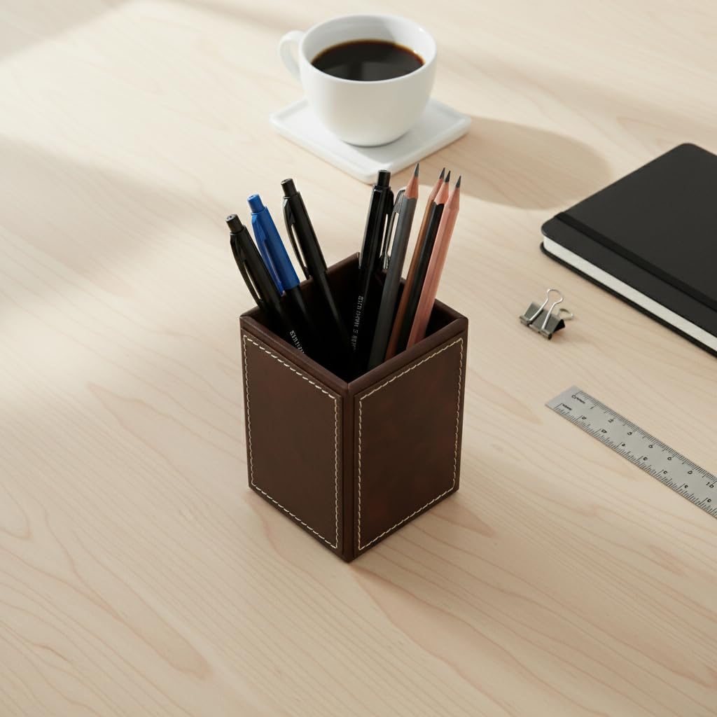 HANAYA - HANDCRAFTED LUXURY Vegan Leather Pen Holder for Desk, Brown, Premium Stationery Organizer for Office and Home, Pencil Stand with Stitching Detail
