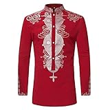 HEFASDM Men's Long Sleeve African Dashiki Traditional Printed Button Down Shirts Red Medium