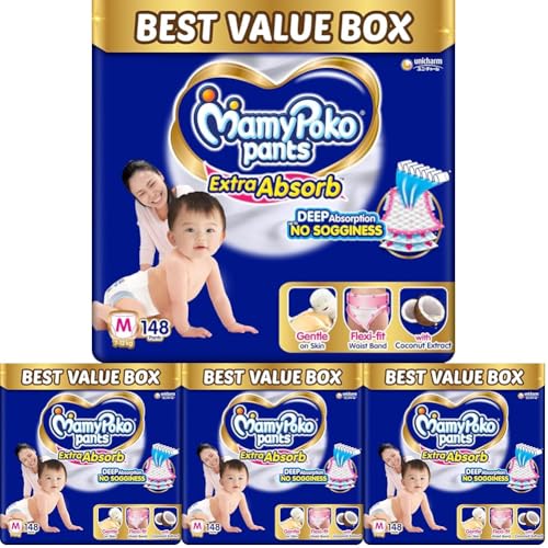 Image of MamyPoko Pants Extra Absorb Baby Diapers, Medium (M size) | 7-12 kg | 148 Count |Deep Sleep Diapers| Soft gentle fit |Deep Absorbent Crisscross | skin friendly with coconut oil | (74 count, Pack of 8)
