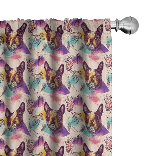 Ambesonne Dog Lover Window Curtains, Colorful Crystals Pattern Triangles Sixties Inspired Psychedelic Boston Terrier, Lightweight Decor 2-Panel Set with Rod Pocket, Pair of - 28" x 63", Purple Pink