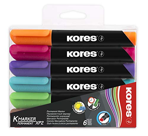 Kores - K-Marker XP2 : Marqueur permanent de couleur, pointe biseautée, encre imperméable et à faible odeur, pour toutes les surfaces, lot de 6 couleurs assorties