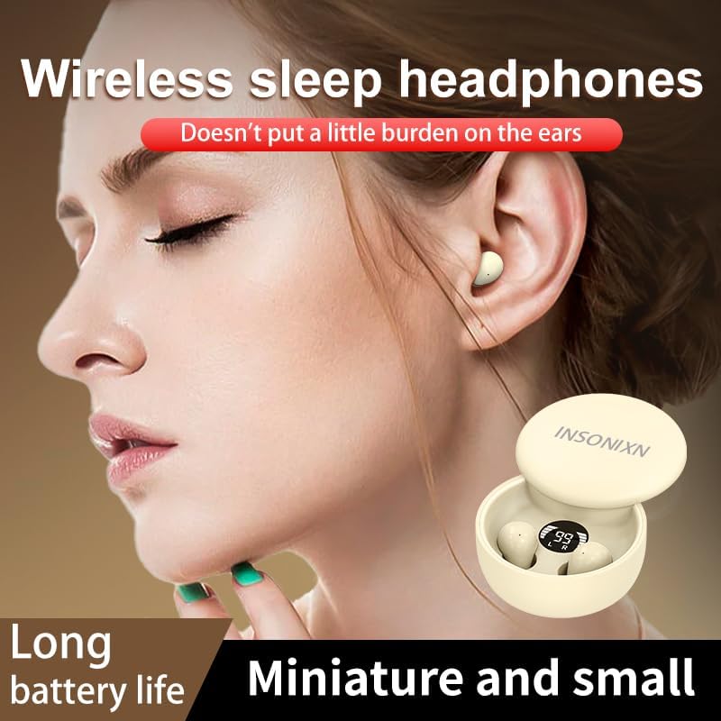 Woman wearing a khaki SK26 Sleep Earbud, demonstrating its small and invisible fit.