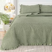 Uspring Green Ruffled Floral Quilts Queen Size Soybean Fiber Filling Bedding Set 3 Piece, Stone-Washed Microfiber Farmhouse Shabby Chic Lightweight Soft Bedspread Coverlet for All Season, 90 x 90