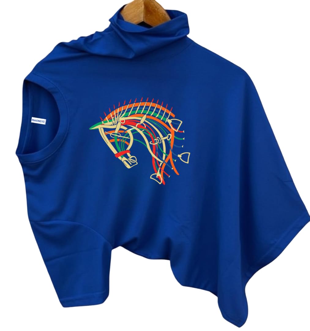 Men's Black Sleeveless High Neck Poncho Top with Colorful Equestrian Horse Graphic | Loose Fit Casual Cape Top | Stylish Horse Riding Inspired Fashion-image-47