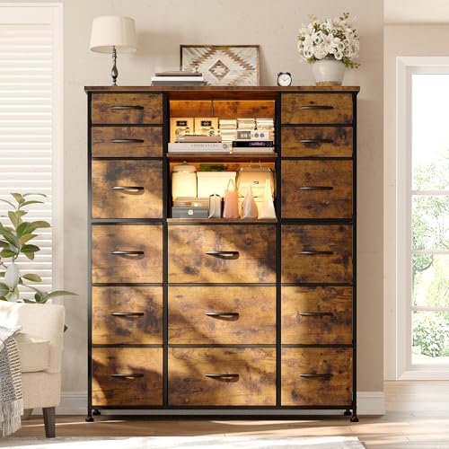 EnHomee 51" H Dresser with 15 Drawers Dresser for Bedroom with Charging Station & LED Lights & Hutch Sturdy Fabric Bedroom Dressers, Steel Frame, Wood Top, Rustic Brown, 51.2" H x 39.3" W x 11.8" D