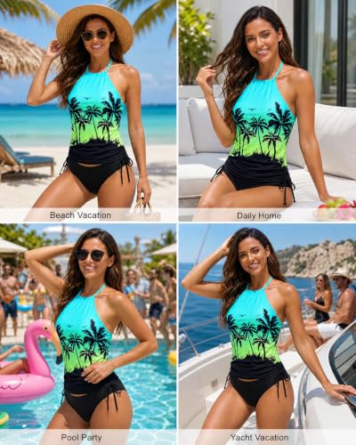 Image of Womens Two-Piece Tankini Set Cow Skull with Leopard Print Sets Swimwear Tankini Top Sets Swimwear