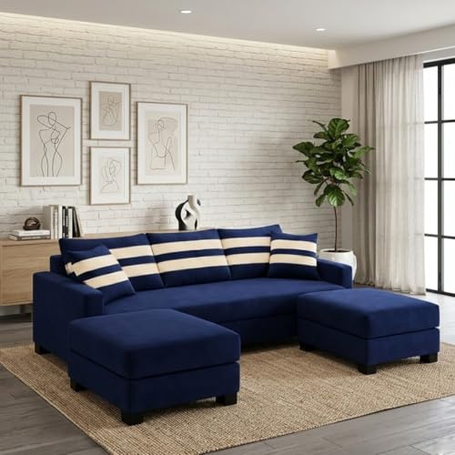 Image of Kassian Rich Velvet Suede 3 Seater Sofa Set with 2 Ottomans | Spacious Soft Touch Comfort Seating | Modern Sofa for Living Room - Dark Blue