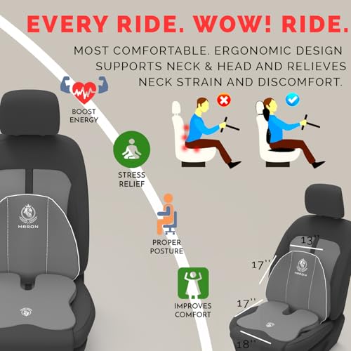 Image of MRRON Car Seat and Coccyx Pillow Kit Memory Foam Back Support and Siting Cushion Ergonomic Adjust Sitting Position Relief Pain for Car or Office Chair (Grey, Spine Support)