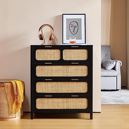 YUCHIATH 4 Drawer Dresser with Rattan Finish, Modern Farmhouse Chest