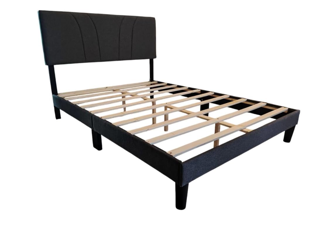 UPHOLSTERED Full Size Bed Frame Solid Wooden SLATS Support Grey Platform Bed Frame Noise Suitable for Bedroom