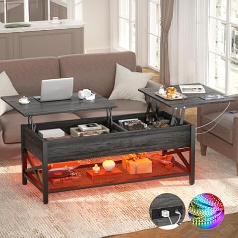 Aheaplus Lift Top Coffee Center Table with LED Light and Power Outlet, Modern Table with Storage Shelf for Living Room, Lift Tabletop, X Support, Metal Frame, Black Oak Cover