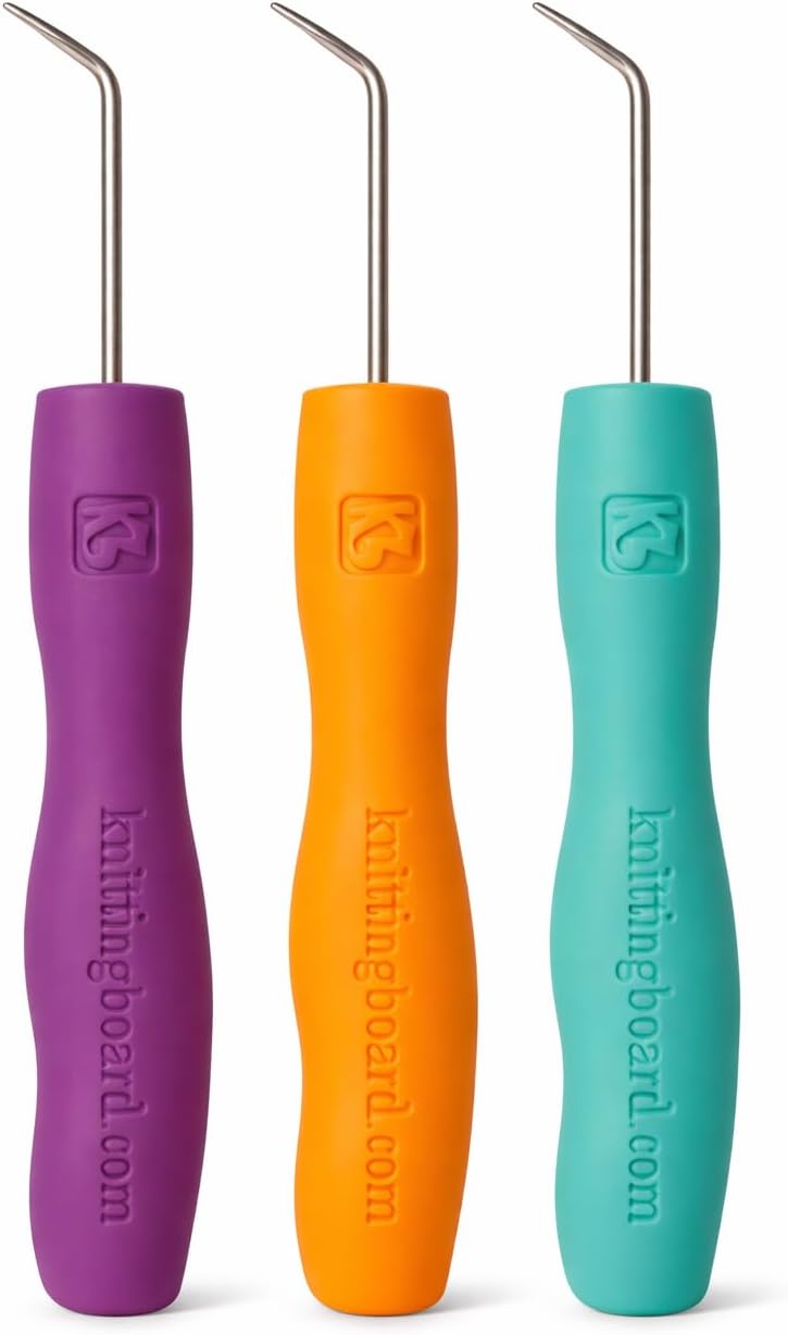 Authentic Knitting Board Ergonomic Loom Knitting Hook/Tool, Stainless Steel with Rubber Comfort Grip Handle, (3 Pack) Orange, Purple, Green Hooks