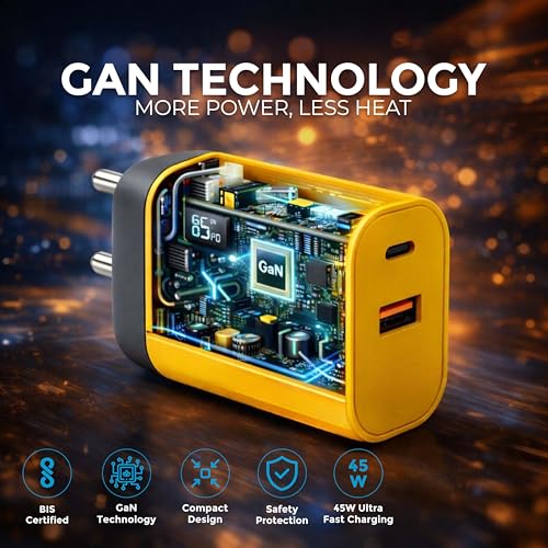 Image of Premium 45W GaN (USB & Type-C) Dual Port Super Fast Charger, Power Delivery 3.0 & USB-A Fast Charging Adaptor with Type-C to C Braided Cable for iPhone, Android & Other Type C Devices (Yellow)
