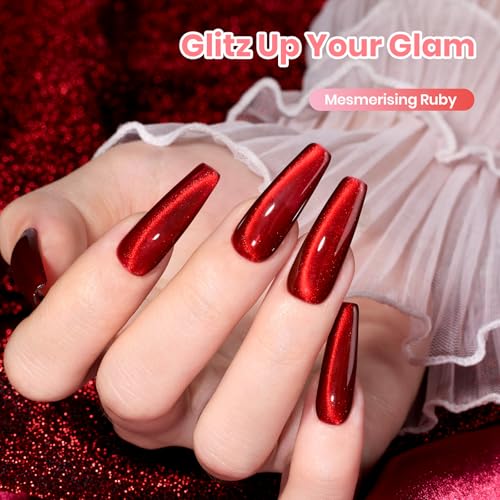 Image of Beetles Cherry Red Cat Eye Gel Nail Polish - 15ML Ruby Red Cat Eye Glitter Gel Polish Magnetic Shimmer Effect Soak Off UV French Nail Art Design Salon DIY Manicure Gifts for Women