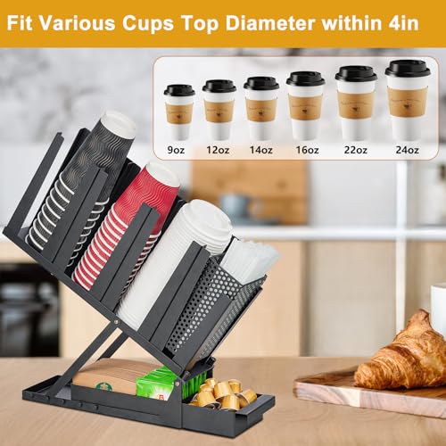 Samhe Coffee Cup Dispenser, Cup and Lid Holder for Countertop, 5 Compartment All Metal Paper Cups Lids Straw Pods Sleeves Holder, Coffee Station Bar Organizer - Thumbnail 5