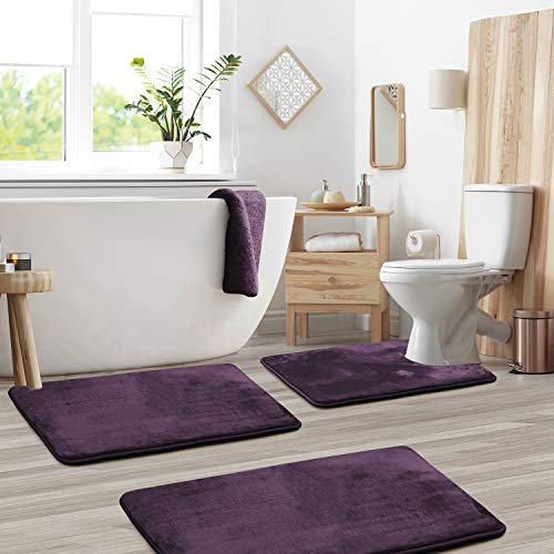 Clara Clark Bathroom Rugs Sets 3 Piece, Velvet Memory Foam Bath Mat - Non-Slip, Machine Washable Bath Rugs - Dries Quickly, Ultra Soft Bath Mats For Bathroom, Purple Bathroom Rug Set #TOP2