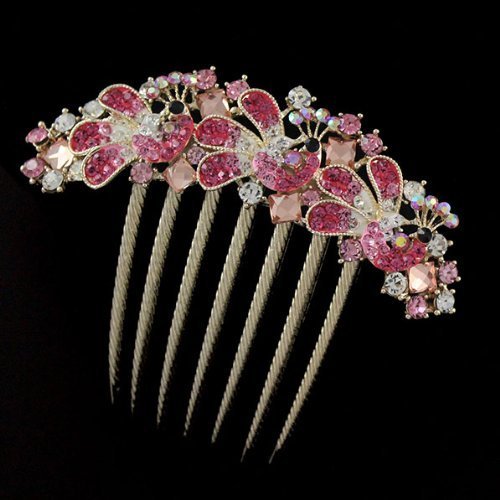 Gold Finish French Twist Updo Comb w/Three Rhinestone Peacocks Pink