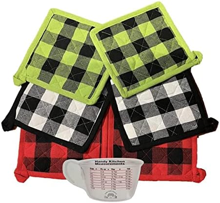 Buffalo Check Kitchen Potholders, Classic Farmhouse Rustic Pot-Holder Set, 6 Piece Set of Kitchen Pot Holders, 6 Pieces, 2 - Red, 2 - Green, 2- Black and 1 BAMD Kitchen Conversion Magnet.