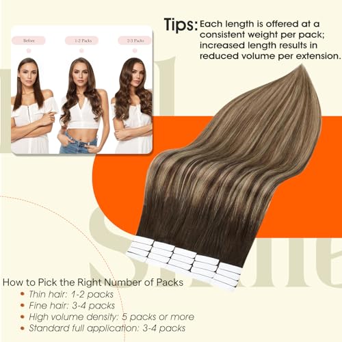 Image of Full Shine Tape in extensions 22Inch Tape ins Human Hair extensions 50Gram Color 2 Dark Brown Ombre 27 Caramel Blonde And 3 Brown Invisible Human Hair Straight Skin Weft 20Pcs Seamless Remy Extension