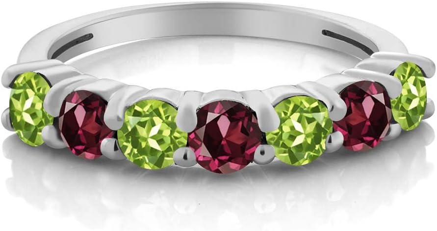 Gem Stone King 1.38 Cttw Green Peridot and Red Rhodolite Garnet Alternate Anniversary Ring For Women | 925 Sterling Silver | Gemstone Birthstone | Round 3.5MM | Available In Size 5, 6, 7, 8, 9 - Image 2
