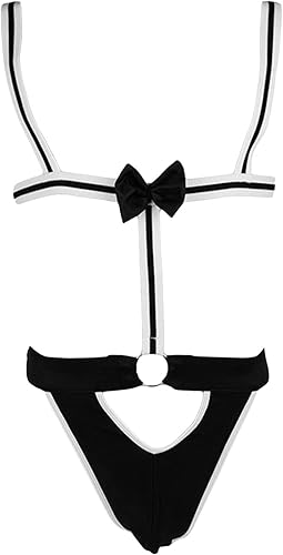 Kyisoy Lencería sexy de juego de rol para hombres, trajes de cosplay con corbatín y tanga, ropa interior con correa gay