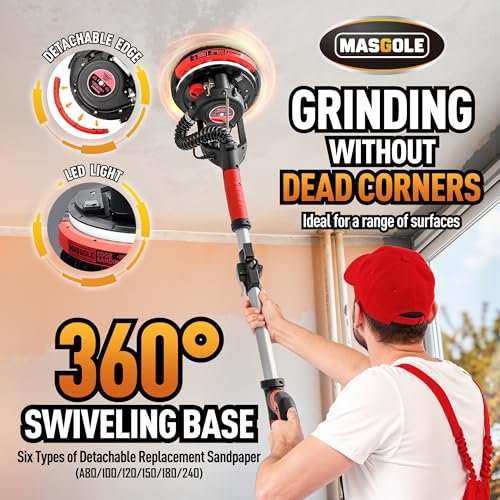 Drywall Sander, 780W Electric Drywall Sander with Vacuum Dust Collector, 6 Variable Speed 900-1800RPM, Extendable Handle, LED Light, 6pcs Sanding Discs - Thumbnail 3