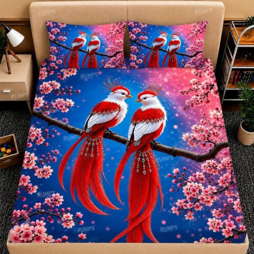 Image of RUMPS 7D Digital Printed Flat Bedsheet for Double Bed, King Size 90 x 100 Inches with 2 Pillow Covers, Soft Microfiber Fabric, Red Bird & Cherry Blossom Floral Design, Stylish Bedroom Bedsheet
