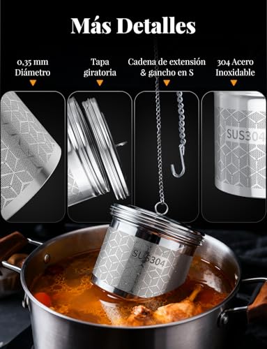 Miniatura 4 de Yomanta Extra Grande Infusor De Te Para Té Suelto Y Especias, Infusionador Acero Inoxidable 304, Con Cadena Y Gancho, Colador De Especias Con Malla Extrafina, Colador De Té Adecuado Para Té