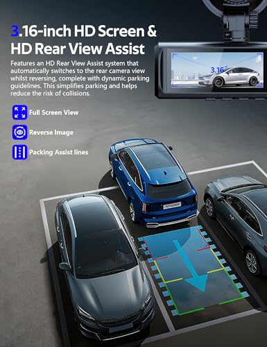 KitGody Dash Cam Front and Rear 3 Channel 1080P+720P, Built-in 5GHz WiFi, 3.16" Screen, 64GB Card & Hardwire Kit, Night Vision, 24H Parking Mode - Image 6