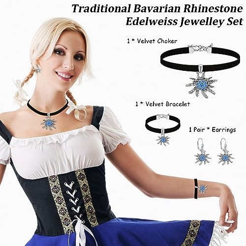 Henoyso 3 Pcs Oktoberfest Jewelry Set for Women, Adjustable Bavarian Choker Necklace Bracelet German Rhinestone Earrings4