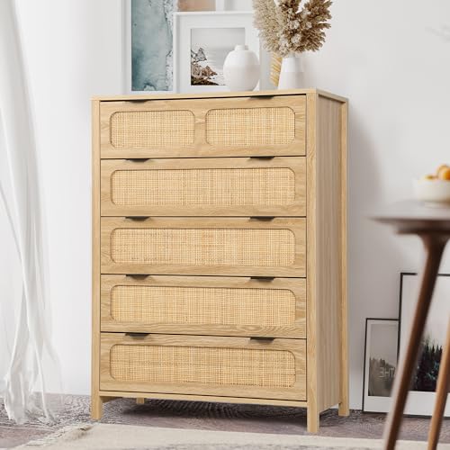 LEVNARY 5 Drawer Chest Dresser, Rattan Tall Dresser 5 Chest of Drawers for Bedroom, Wood Storage Cane Cabinet with Metal Handles, for Living Room, Hallway, Nursery (Natural) - Thumbnail 6