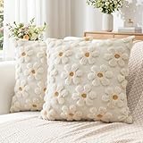 Artscope 2er Set Wolle Blumen Kissenbezüge Weicher Plüsch Kurzer Wollsamt Dekokissenbezüge Frühjahr Sommer Kissenhülle Saisonale Sofakissen für Sofa Schlafzimmer Creme Beige, 40x40cm