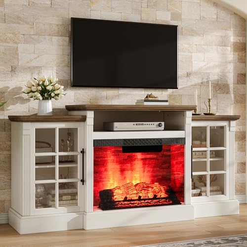 AMERLIFE 70" Farmhouse Fireplace TV Stand for TVs up to 80", White/Barnwood