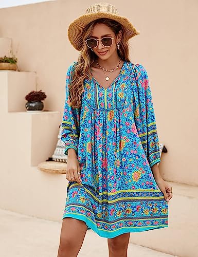 Image of Bluetime Women Casual Summer Dress Boho V Neck 3 /4 Sleeve Babydoll Floral Print Flowy Beach Dress