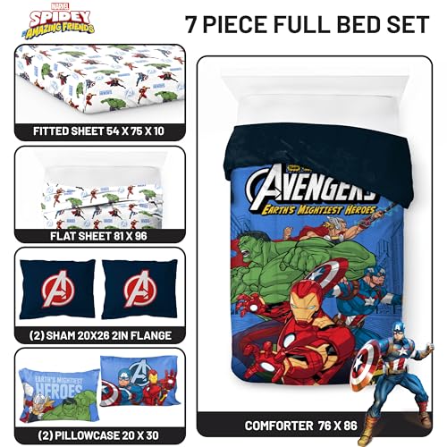 Image of Jay Franco Kids Bed Set, Blue, Avengers, 7 Piece Full | Cozy Soft Bedding for Stylish Room Decor with Comforter, Sheets & Pillow Covers
