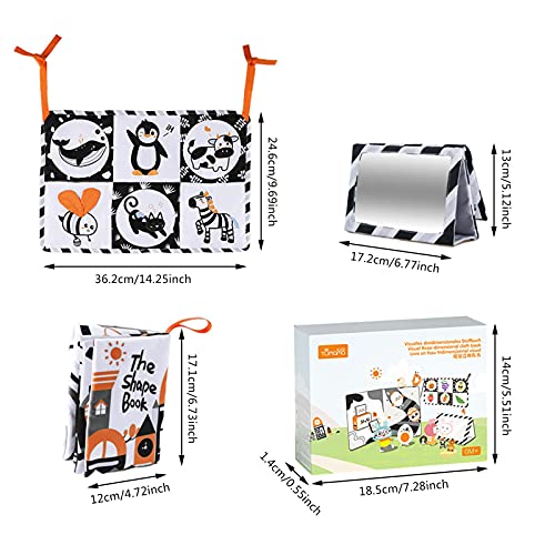 Mimei Baby-Kinderbett schwarz weiß hängend Spielzeug – Weiche Stoffform Buch – Krippe Spielmatten Hoher Kontrast doppelseitig – Bodenspiegel Bücher Buchstaben Zahlen Tiere für Neugeborene - Image 3