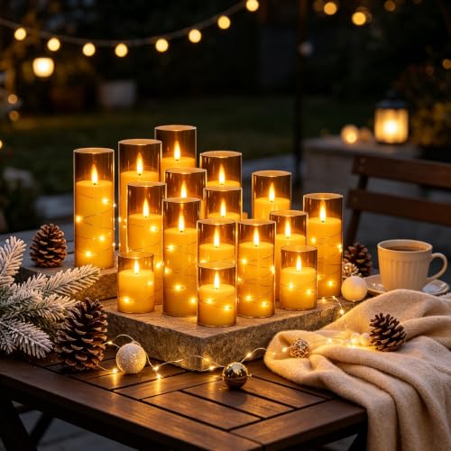 Image of 12 Pack Gray Acrylic Flameless Taper Candles, Flickering Black Wick LED Candles with Surrounding Fairy String Lights, Heat Resistant ABS Candles, 2 Remotes, Assorted 5-8 Inch for Indoor Outdoor Decor