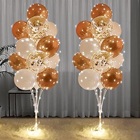 Balloon Holder for Floor,2 Set Gold And White Party Balloons Column Stand With String Lights Used For Wedding Anniversary and Party Decorations Cover