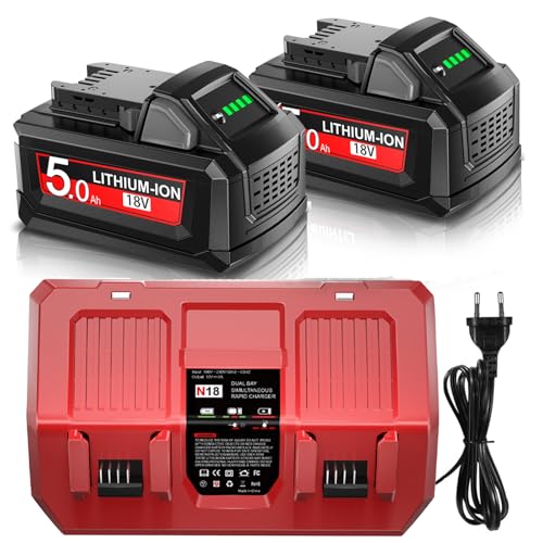 2X 18V 5.0Ah/5000mAh Ersatzakkus für Milwaukee und DC18RC Ladegerät kompatibel mit M18B 48-11-1840 48-11-1850 48-11-1828 48-11-1815 48-11-1820 48-11-1822 48-59-1812 48-59-1806 48-59-1840 2710-20