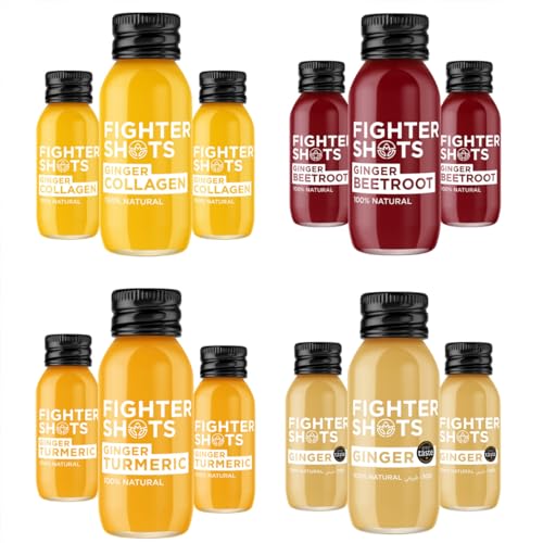 Paquete de Inmunidad Mixto de Fighter Shots 12 piezas | Jengibre, Cúrcuma, Colágeno, Remolacha | Fortalece el Sistema Inmunológico | Es un energizante perfecto para tus mañanas/post