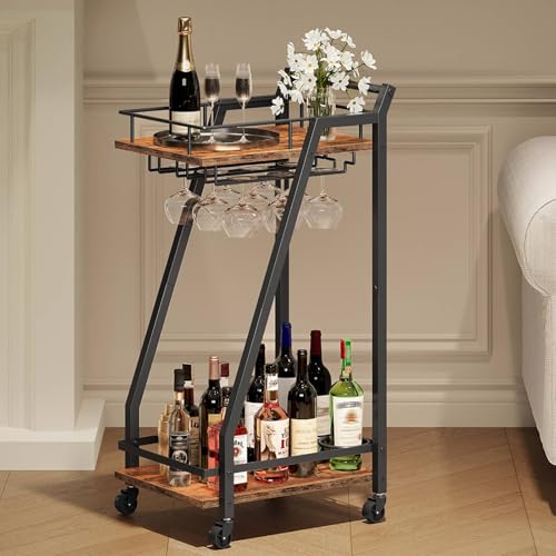 HOOBRO Bar Cart, Home Bar Serving Cart, Kitchen Cart, Rolling Beverage Cart & Wine Rack and Glass...
