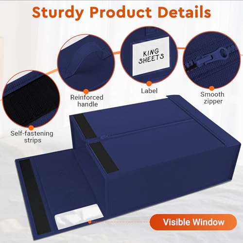 Image of StorageTastic 4 Pack Bed Sheet Closet Organizers and Storage,Sturdy Foldable Storage Containers with Window and Label,Storage and Organization for Bedding Sheets,Duvet Covers,Blankets (Blue)