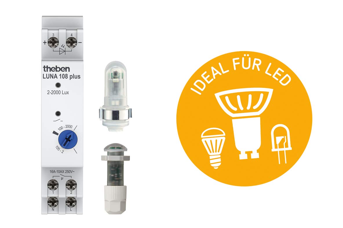 Theben 1080910 - Luna 108 Plus AL - Montaje en Superficie - Interruptor crepuscular analógico - Sensor de luz Incluido - Retardo de conexión y desconexión Fijo - Carril DIN | Sensor de luz incluido, 2 – 2000 lx, retardo fijo de encendido y apagado 20/80 s