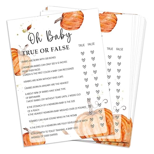 HJLLOQR Fall Baby Shower Games 25 Pcs Baby True or False Cards for Guests Little Pumpkin Gender Reveal Decorations for Party Favors - A05