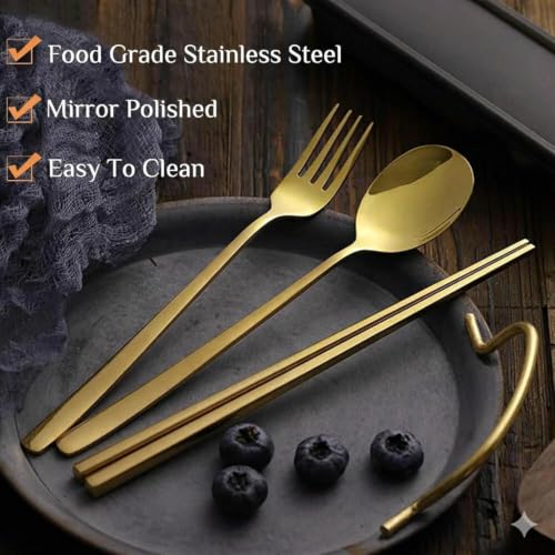Image of Baby Self Feeding Spoon and Fork Set with Travel Case Stainless Steel Kids Cutlery Toddler Training Utensils Color as per Stock (Cutlery Set with Case)